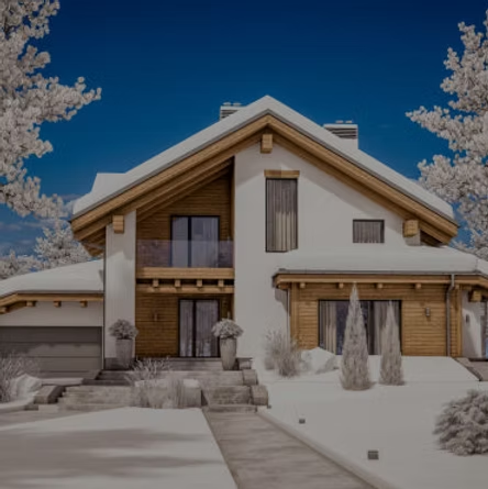Snowy chalet exterior in the Laurentians