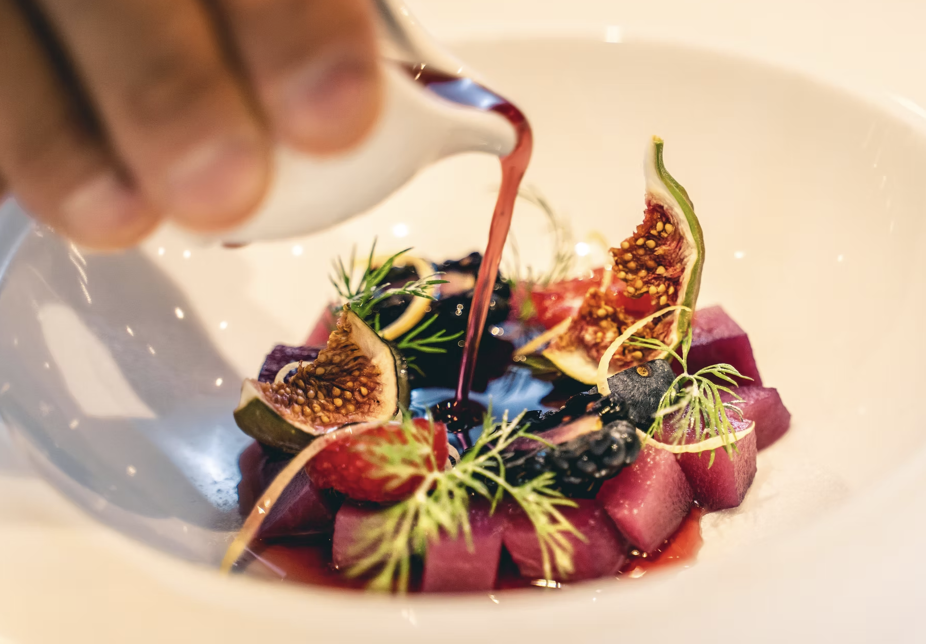 Watermelon beet tartare with fig pour